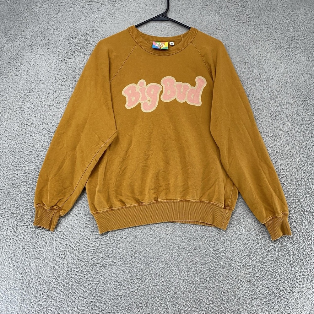 Big Bud Sweatshirt Womens Small Mustard Fleece Pullover Graphic Logo 100% Cotton